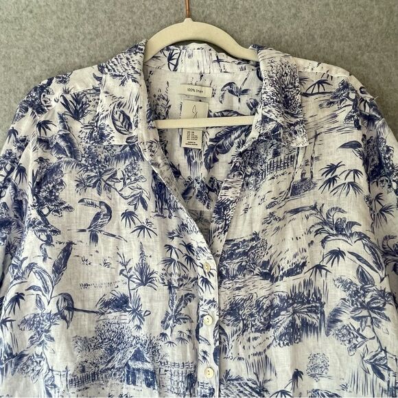 Joie Blue and White Linen Long Sleeve Blouse 2X - Picture 3 of 10
